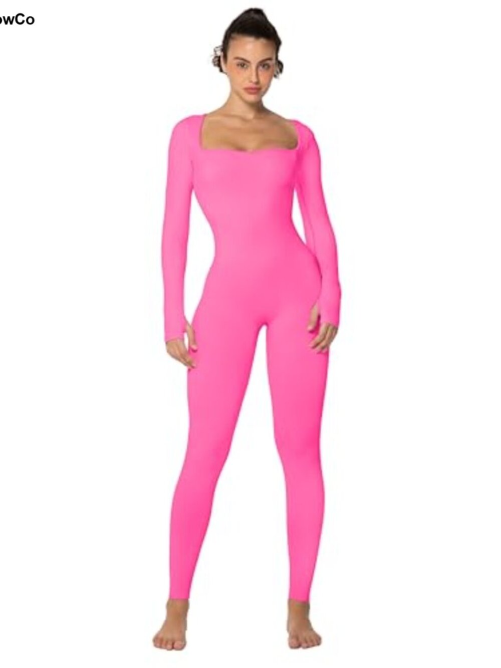 Ribbed Jumpsuit Square Neck Scrunch Butt Long Sleeve Thumbhole One Piece